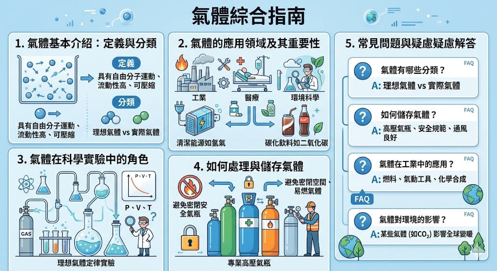 本篇文章深入探討了氣體的基本概念、分類以及在各行業中的應用。氣體作為重要的物質形態，無論是在科學實驗、工業生產，還是日常生活中，都扮演著不可或缺的角色。了解氣體的性質和如何儲存、處理氣體，是確保其安全應用的關鍵。文章涵蓋了氣體在環境與能源領域的影響，並提供了常見問題與解答，幫助讀者更全面地掌握氣體的基本知識。